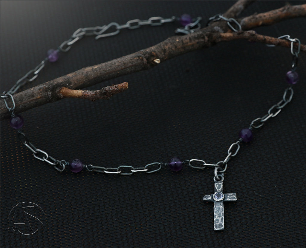 Hammered Cross with Tanzanite Centre on a Chain with Amethyst Beads