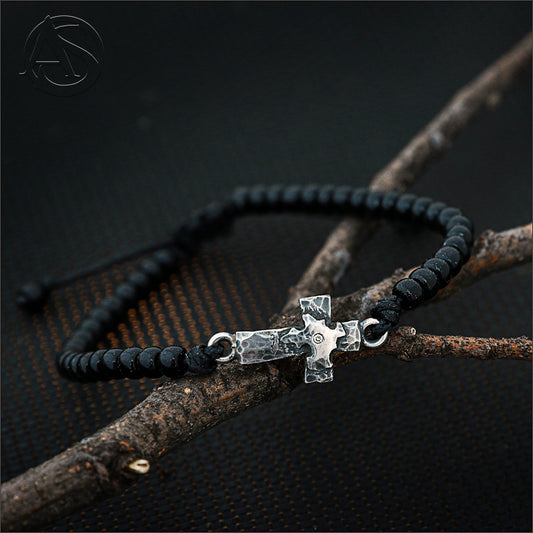 Oxidised Sterling Silver Hammered Cross with Beaded Bracelet