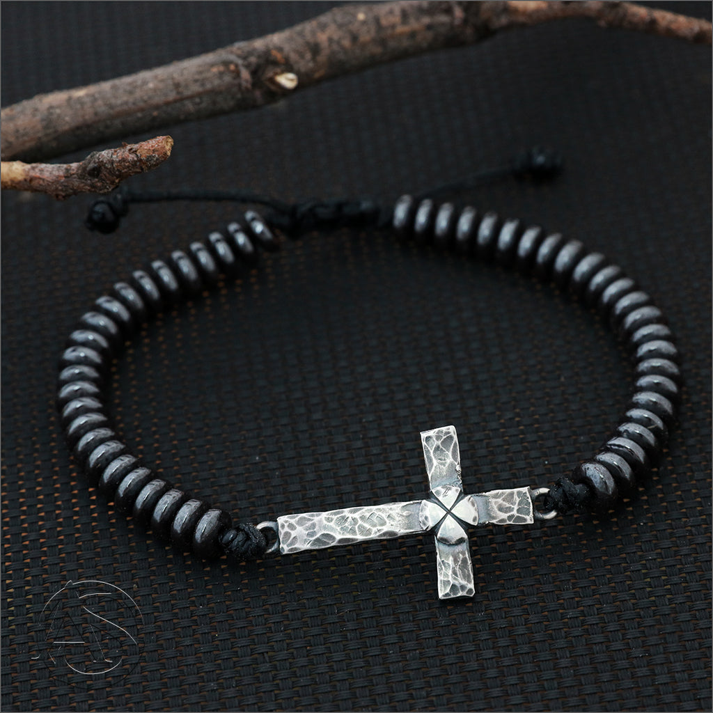 Oxidised Sterling Silver Hammered Cross with Beaded Bracelet